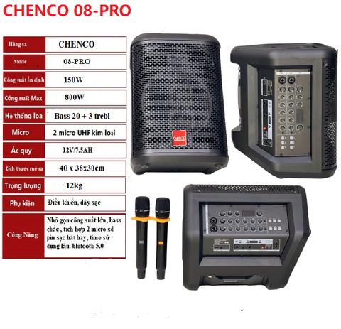  Loa xách tay CHENCO 08-PRO Bass 20 +3trebl, Cs 800w, Kèm 2 micro kim loại cao cấp, Hát hay 
