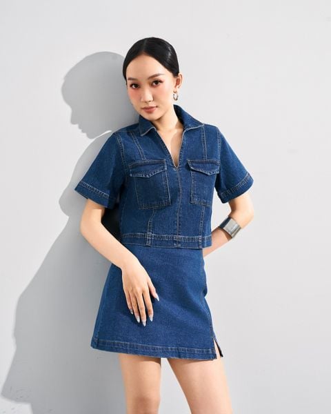 áo sơ mi jeans crotop xanh đậm