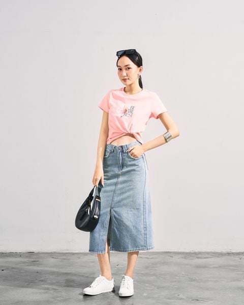 chân váy jeans dài màu xanh