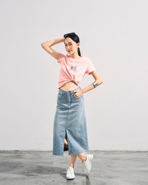 chân váy jeans dài màu xanh