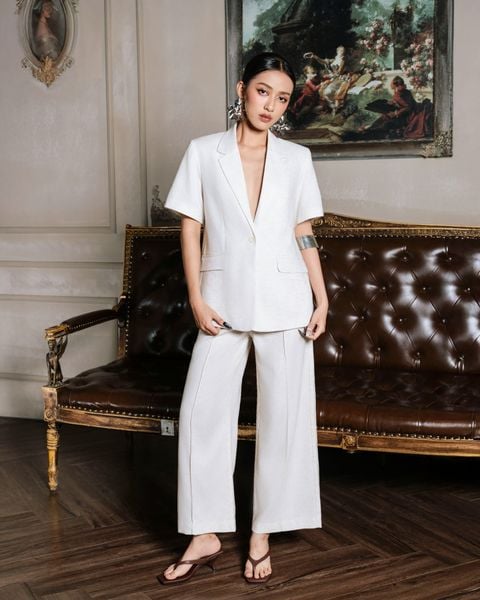 quần ống suông linen màu kem