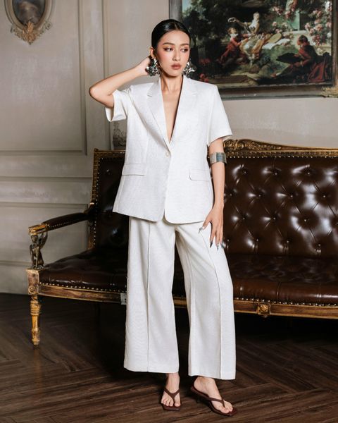 quần ống suông linen màu kem