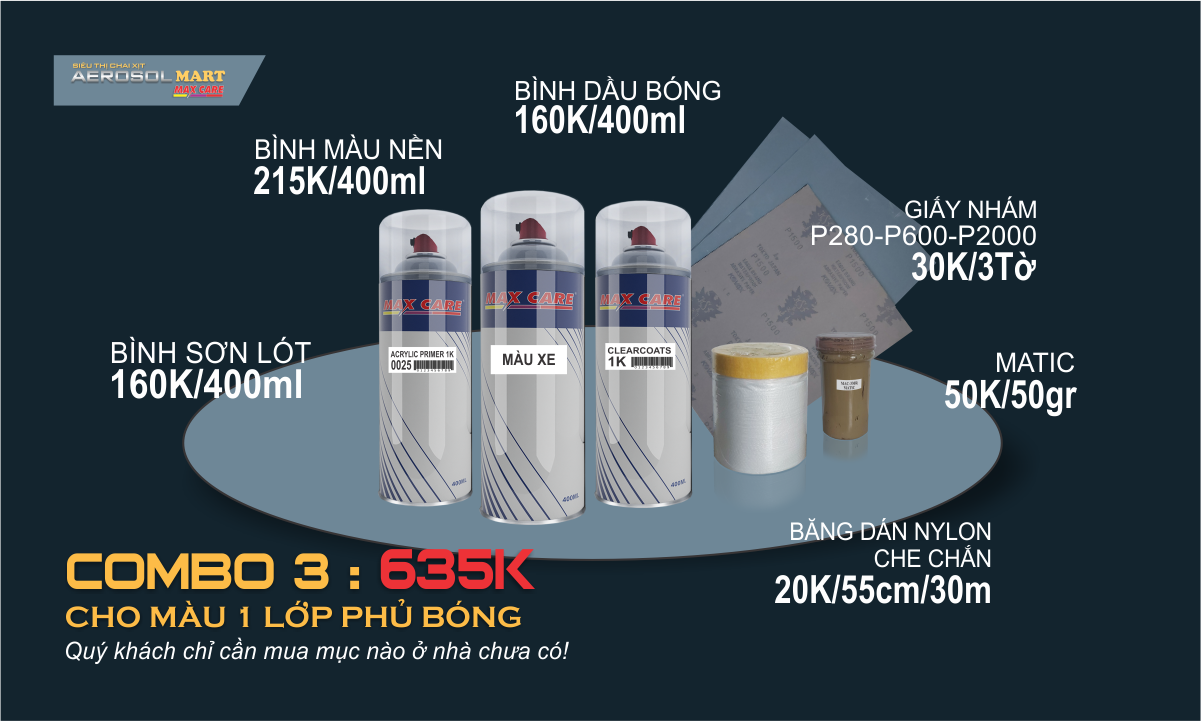 Combo 3 (635K) - Chai xịt Maxcare cho màu 1 lớp - Phủ bóng