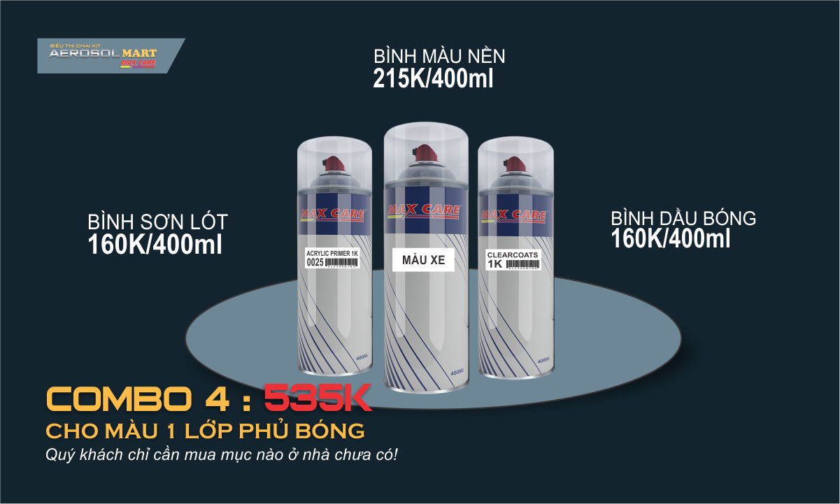 Combo 4 (535K) - Chai xịt Maxcare cho màu 1 lớp - Phủ bóng