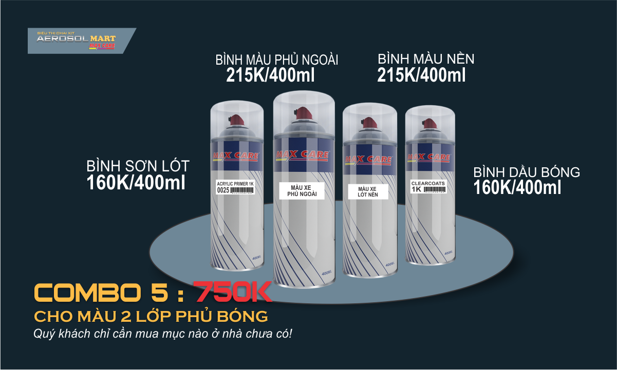 Combo 5 (750K) - Chai xịt Maxcare cho màu 2 lớp - Phủ bóng