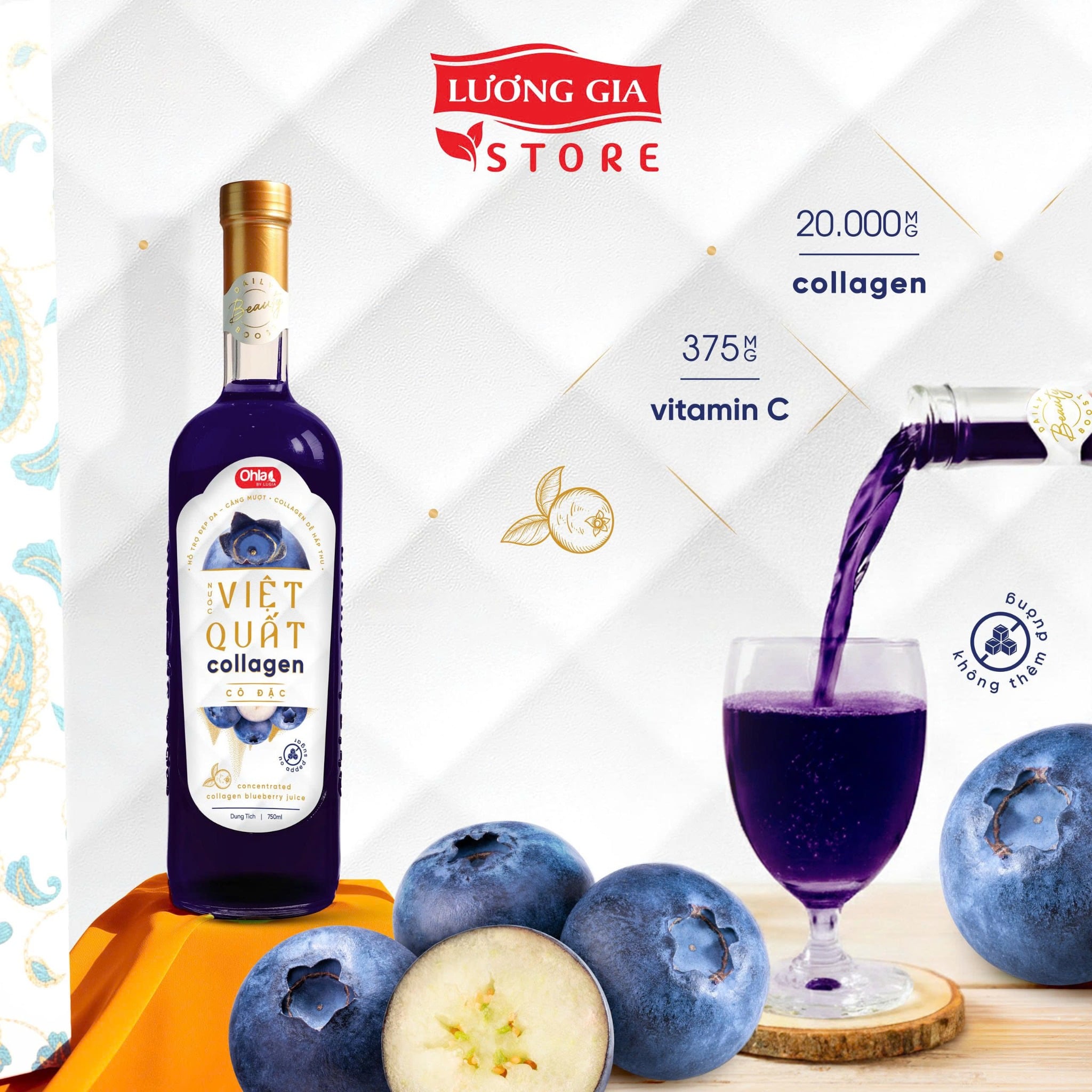 Nước Việt Quất Collagen Cô Đặc Ohla 750ml - Không Đường, 20.000mg Collagen