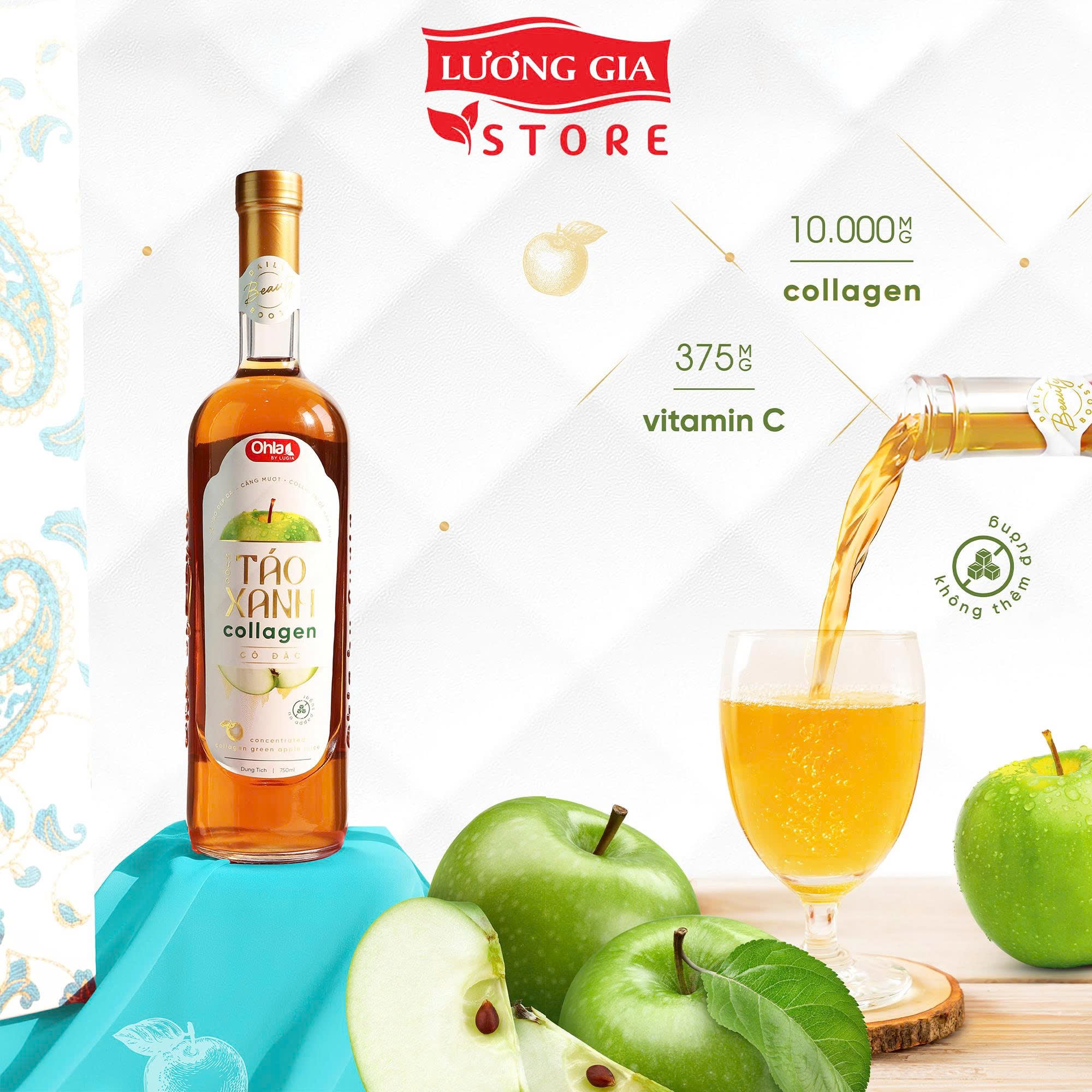 Nước Táo Xanh Collagen Cô Đặc Ohla 750ml - Không Đường, 10.000mg Collagen