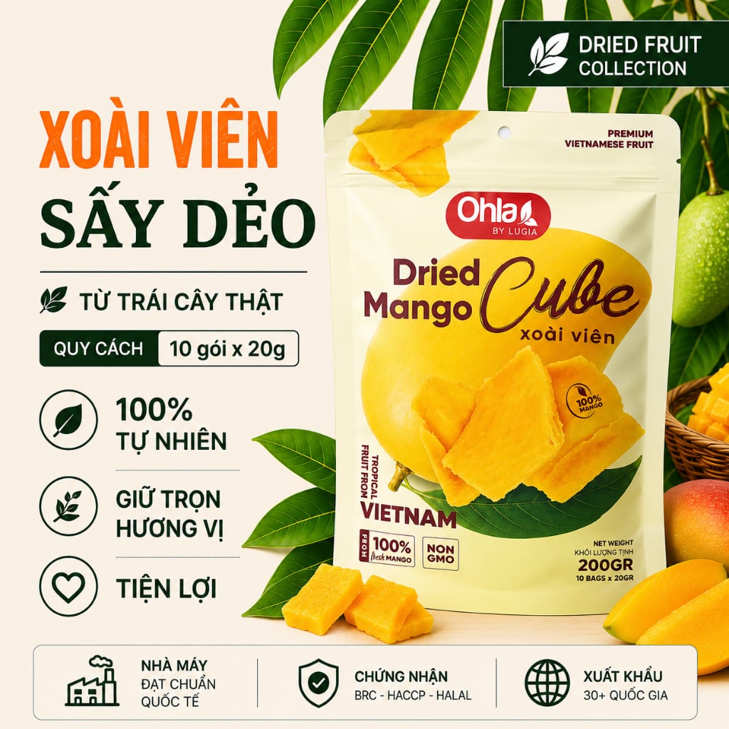Xoài Sấy Dẻo Ohla 200g (10 gói x 20g) - Thái Cắt Dạng Viên Đóng Gói 20g Tiện Lợi Sử Dụng Và Bảo Quản