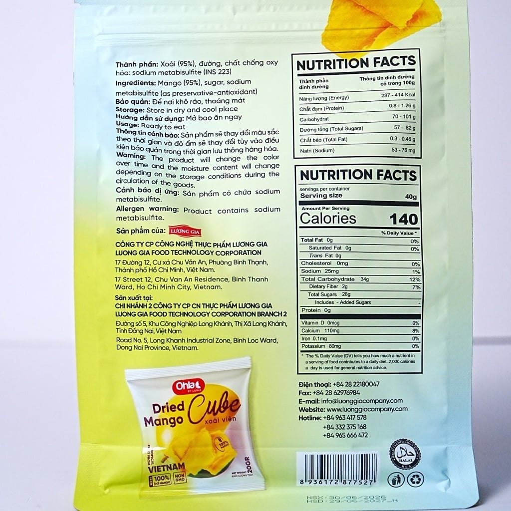 Xoài Sấy Dẻo Ohla 200g (10 gói x 20g) - Thái Cắt Dạng Viên Đóng Gói 20g Tiện Lợi Sử Dụng Và Bảo Quản