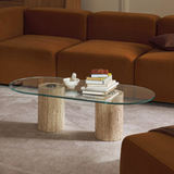 Bàn sofa Travertine Glass Oval - góc nhìn tổng thể thiết kế bàn trà phòng khách