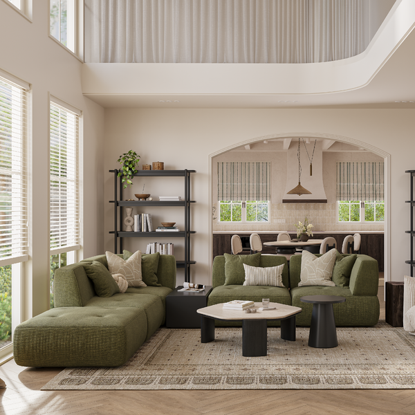 Sofa góc Solace màu xanh rêu tích hợp bàn Tab gỗ tiện lợi