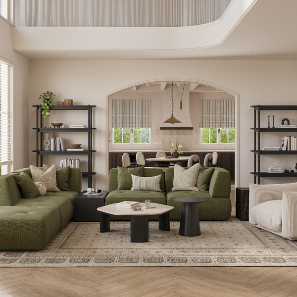 Bàn sofa Solum mặt đá Travertine chân gỗ đen thiết kế bo góc