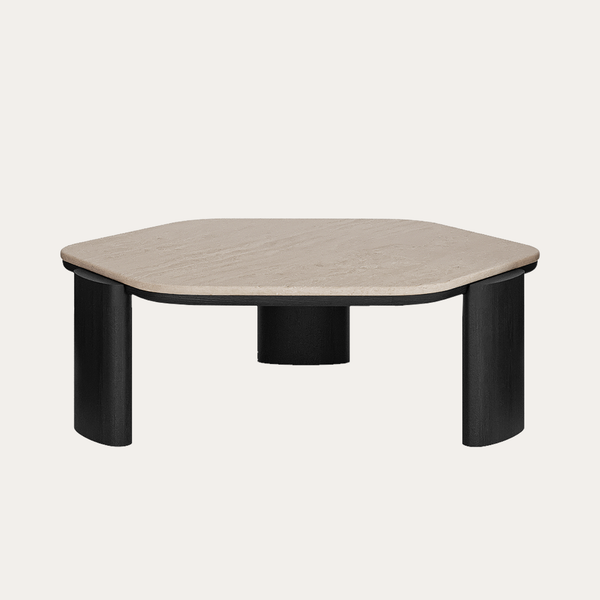 Bàn sofa Solum mặt đá Travertine chân gỗ đen thiết kế bo góc