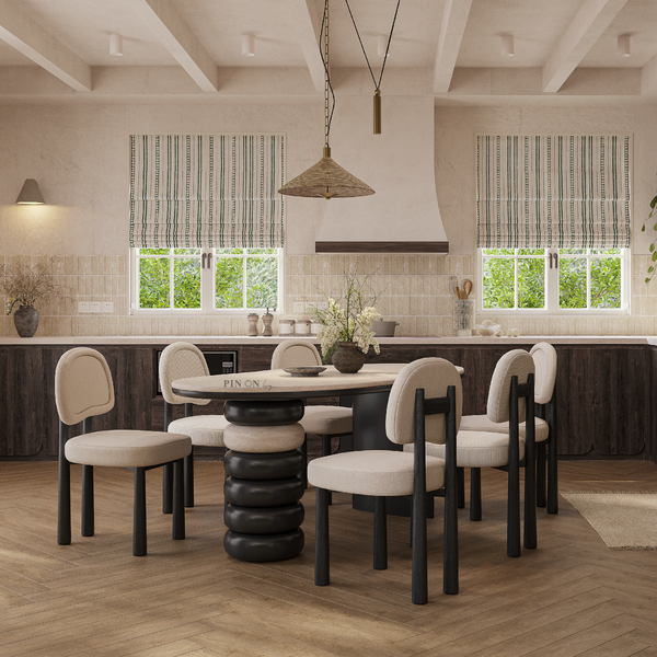 Bàn ăn Totem mặt đá Travertine chân gỗ MDF thiết kế nghệ thuật