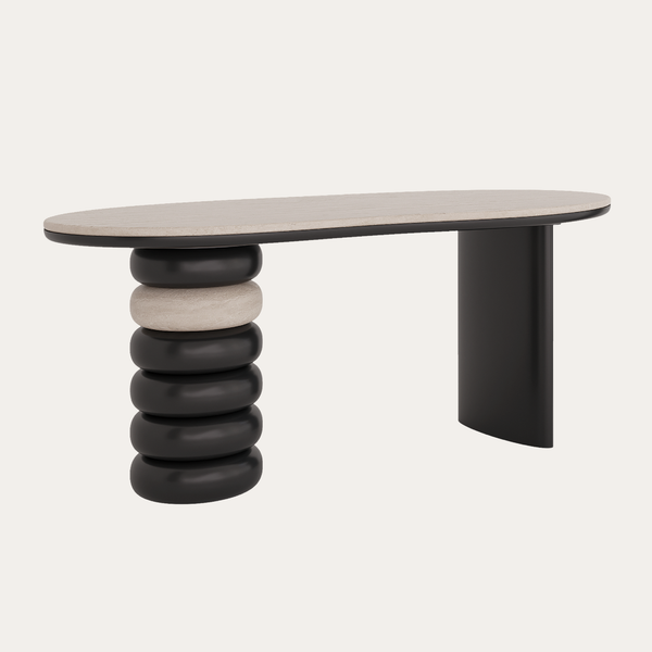 Bàn ăn Totem mặt đá Travertine chân gỗ MDF thiết kế nghệ thuật