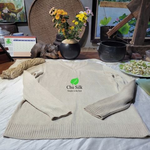  Áo tơ gốc đan thủ công cổ tim 