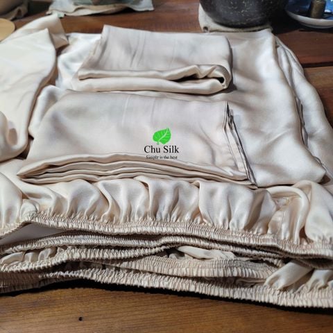  Set Ga giường bo chun + 2 vỏ gối tơ tằm màu be, dầy 19momme 