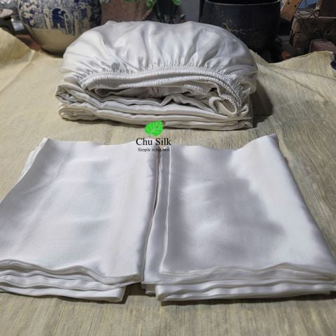  Bộ vỏ chăn ga gối tơ tằm Chu Silk màu trắng mộc tự nhiên không nhuộm, định lượng dày 19momme 