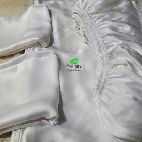  Bộ vỏ chăn ga gối tơ tằm Chu Silk màu trắng mộc tự nhiên không nhuộm, định lượng dày 19momme 