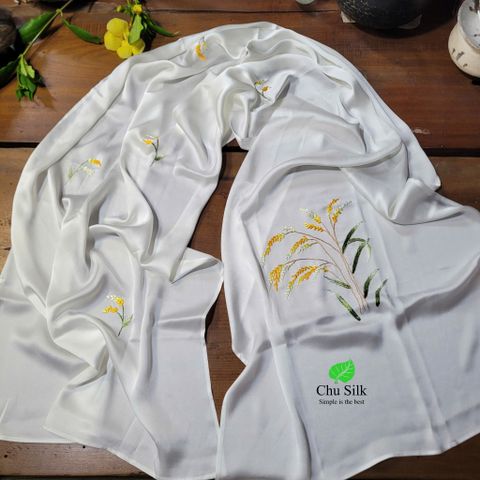  Khăn choàng tơ tằm nguyên chất thêu tay- Quà tặng cao cấp thuần Việt- Mẫu số 11 màu trắng 