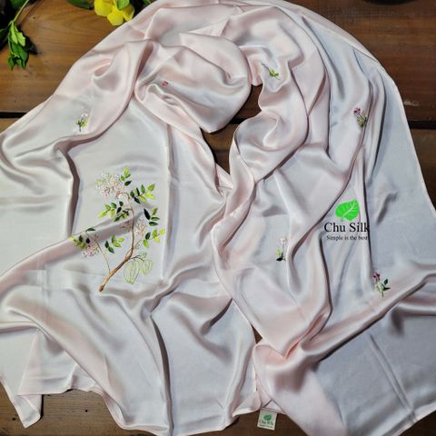 Khăn choàng tơ tằm nguyên chất thêu tay- Quà tặng cao cấp thuần Việt- Mẫu số 8 màu hồng 