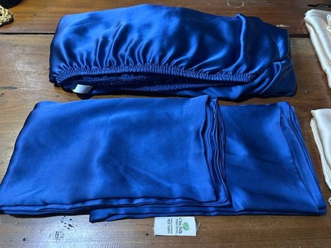  Bộ vỏ chăn ga gối tơ tằm Chu Silk màu xanh navy, định lượng dày 19momme 