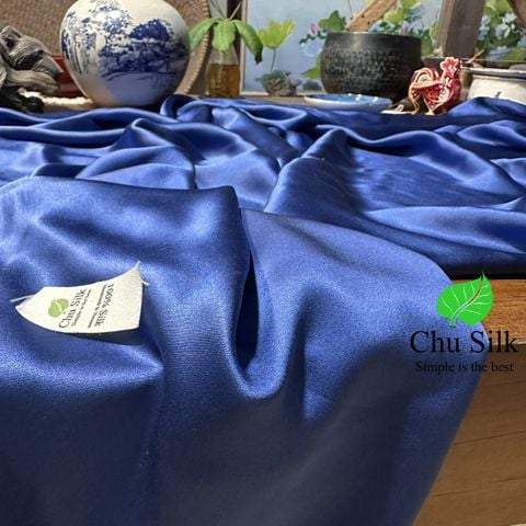 Bộ vỏ chăn ga gối tơ tằm Chu Silk màu xanh navy, định lượng dày 19momme (size châu Âu) 