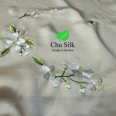  Personalized Hand-Embroidered Floral Silk Pillowcase – 19 Momme Silk,  Beige, Size Queen/King 