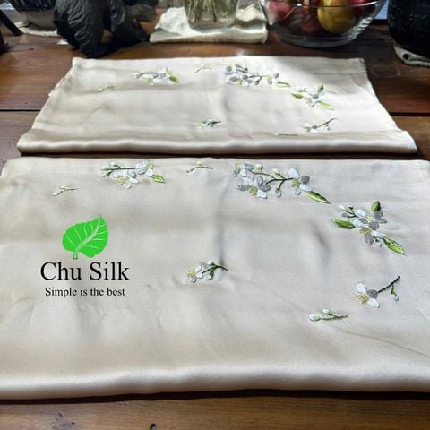  Personalized Hand-Embroidered Floral Silk Pillowcase – 19 Momme Silk,  Beige, Size Queen/King 