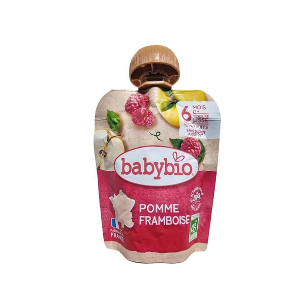 Trái cây nghiền hữu cơ cho bé vị táo, mâm xôi Babybio/Organic Fruit Puree Apple Raspberries