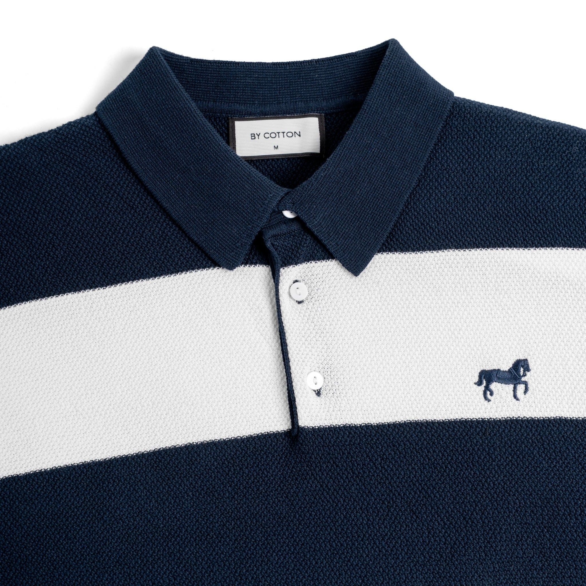 Áo Polo Dệt Kim By Cotton Thêu Ngựa Sọc Trắng - Xanh Đen