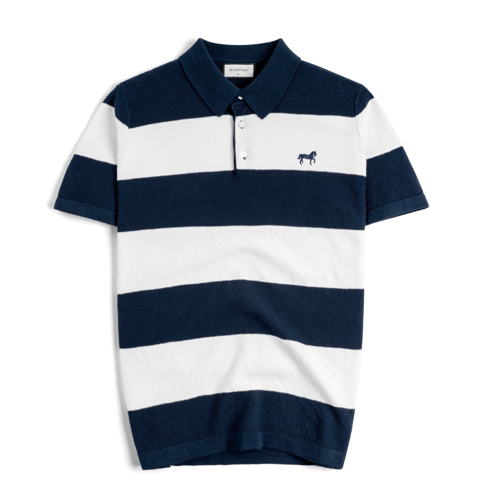 Áo Polo Dệt Kim By Cotton Thêu Ngựa Sọc Trắng - Xanh Đen