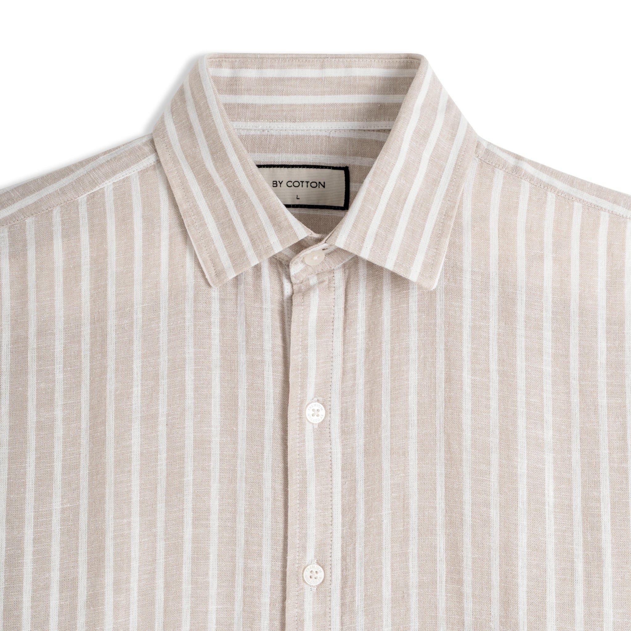 Áo Sơ Mi Nam By Cotton Linen Nâu Sọc Trắng