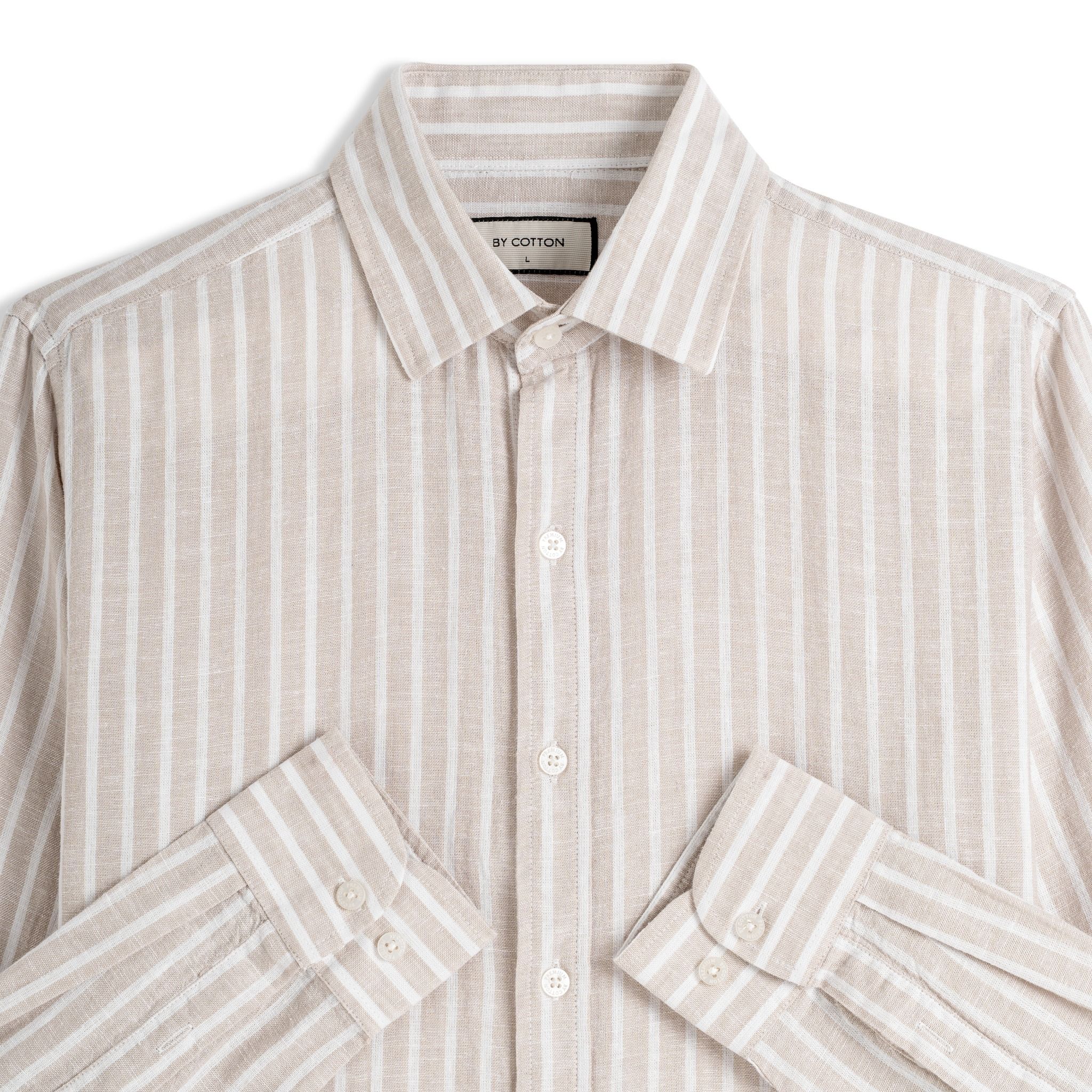 Áo Sơ Mi Nam By Cotton Linen Nâu Sọc Trắng