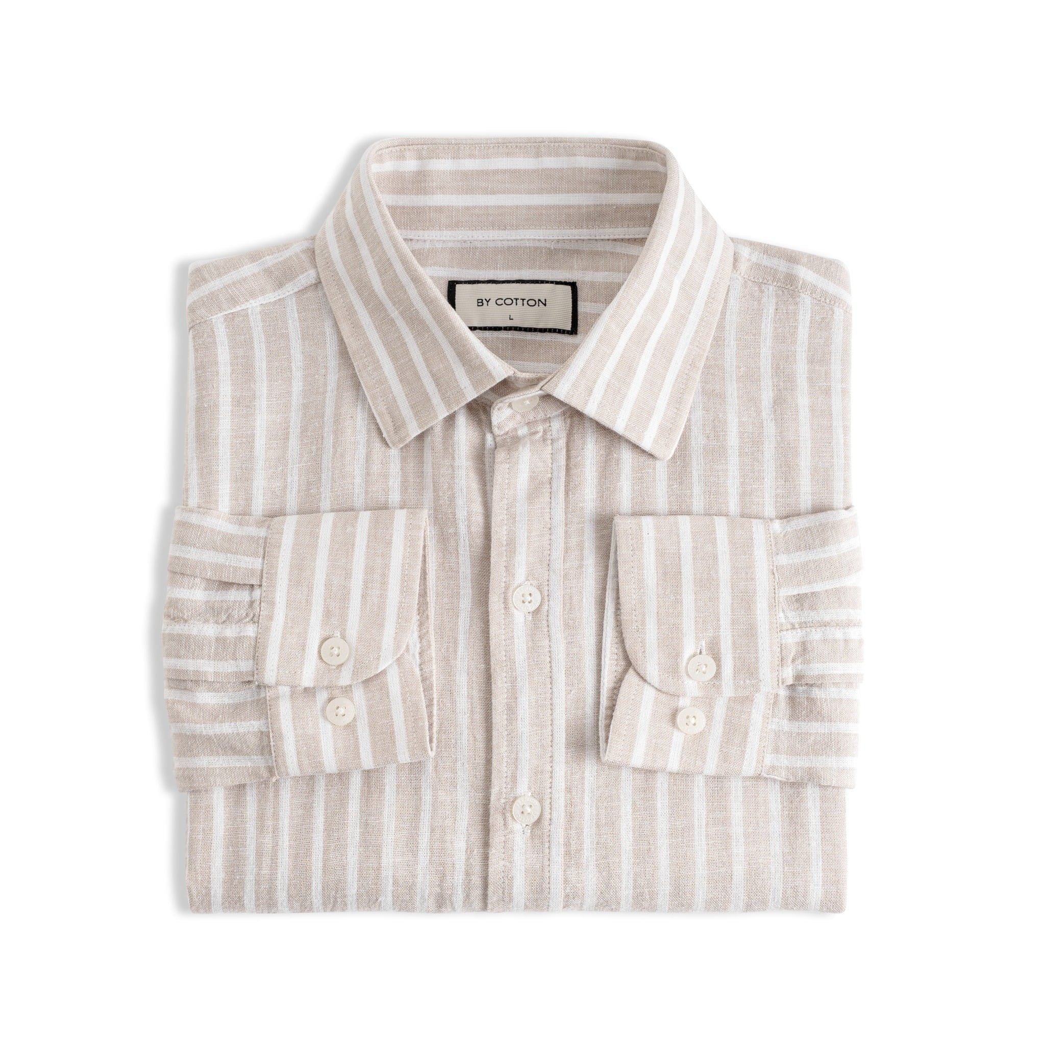 Áo Sơ Mi Nam By Cotton Linen Nâu Sọc Trắng