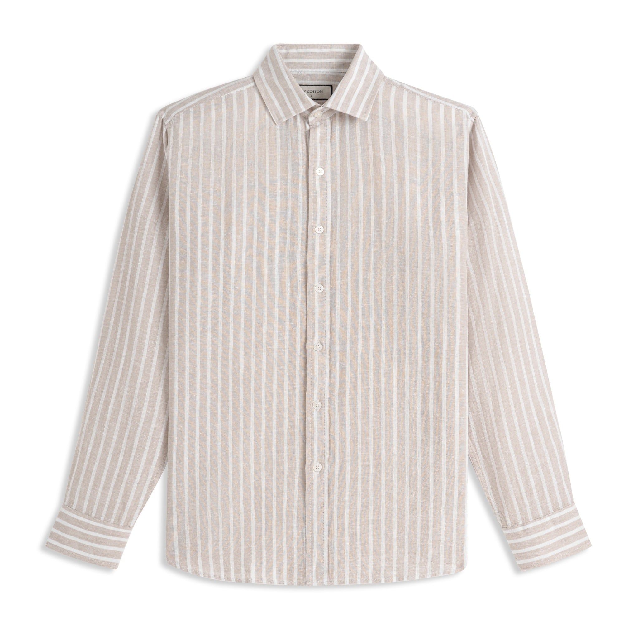 Áo Sơ Mi Nam By Cotton Linen Nâu Sọc Trắng