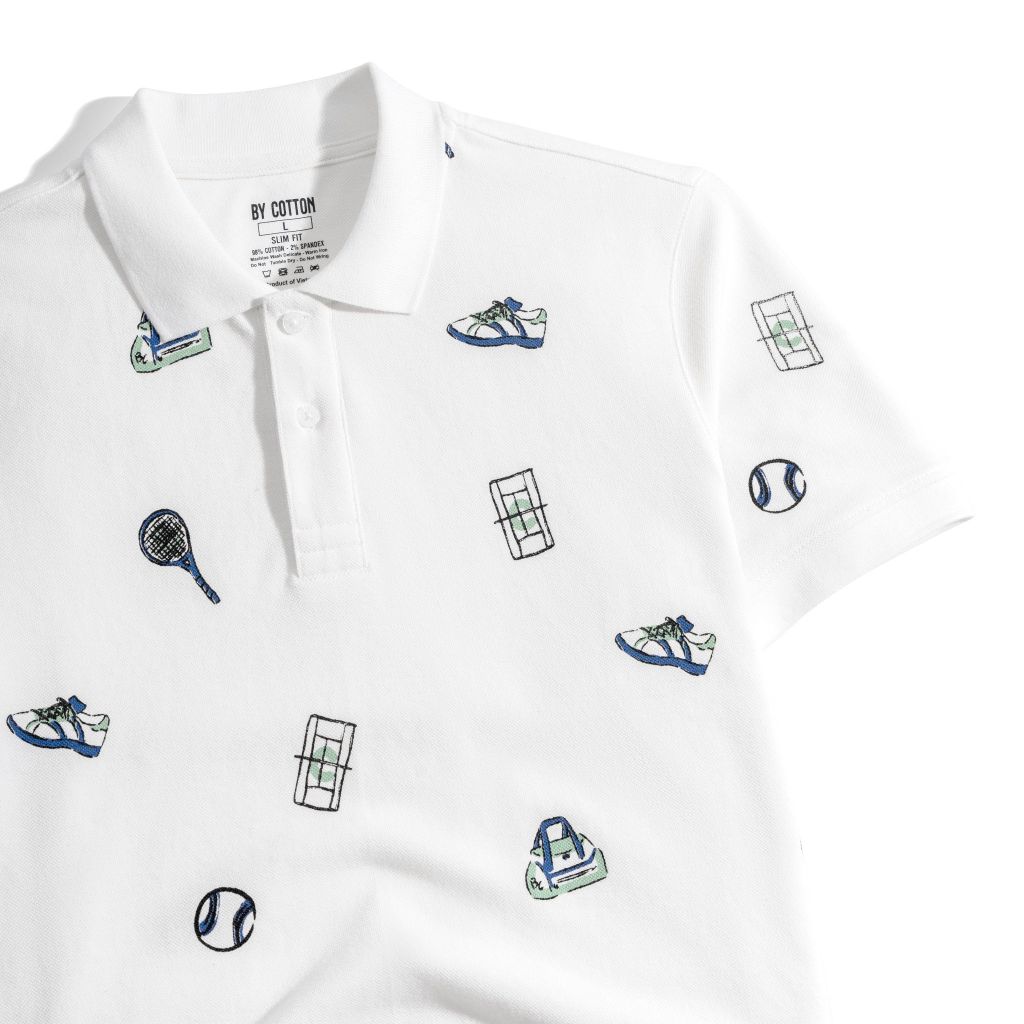 Áo Thun Polo Nam By Cotton Pique 2.0 Trắng In Icon Tennis