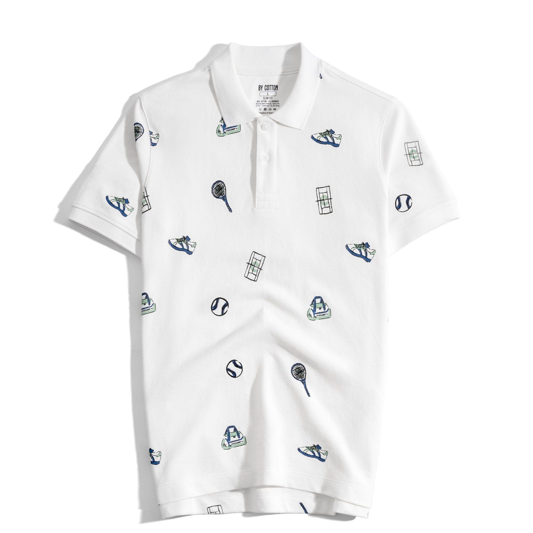 Áo Thun Polo Nam By Cotton Pique 2.0 Trắng In Icon Tennis