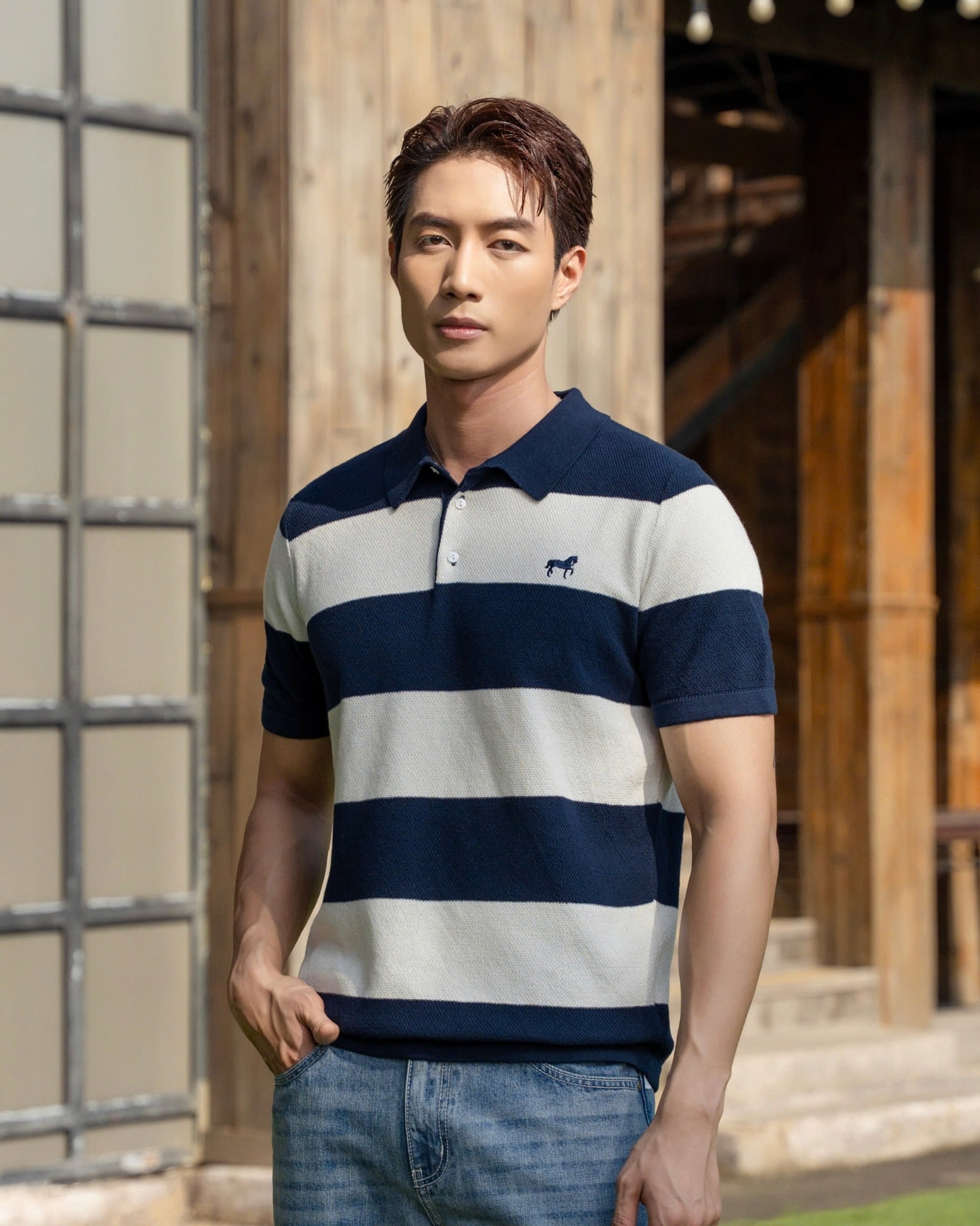 Áo Polo Dệt Kim By Cotton Thêu Ngựa Sọc Trắng - Xanh Đen