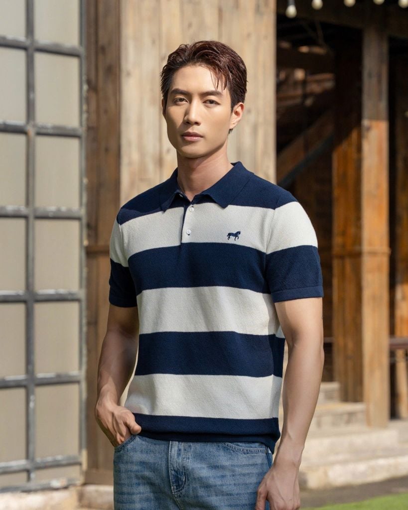 Áo Polo Dệt Kim By Cotton Thêu Ngựa Sọc Trắng - Xanh Đen