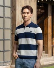 Áo Polo Dệt Kim By Cotton Thêu Ngựa Sọc Trắng - Xanh Đen