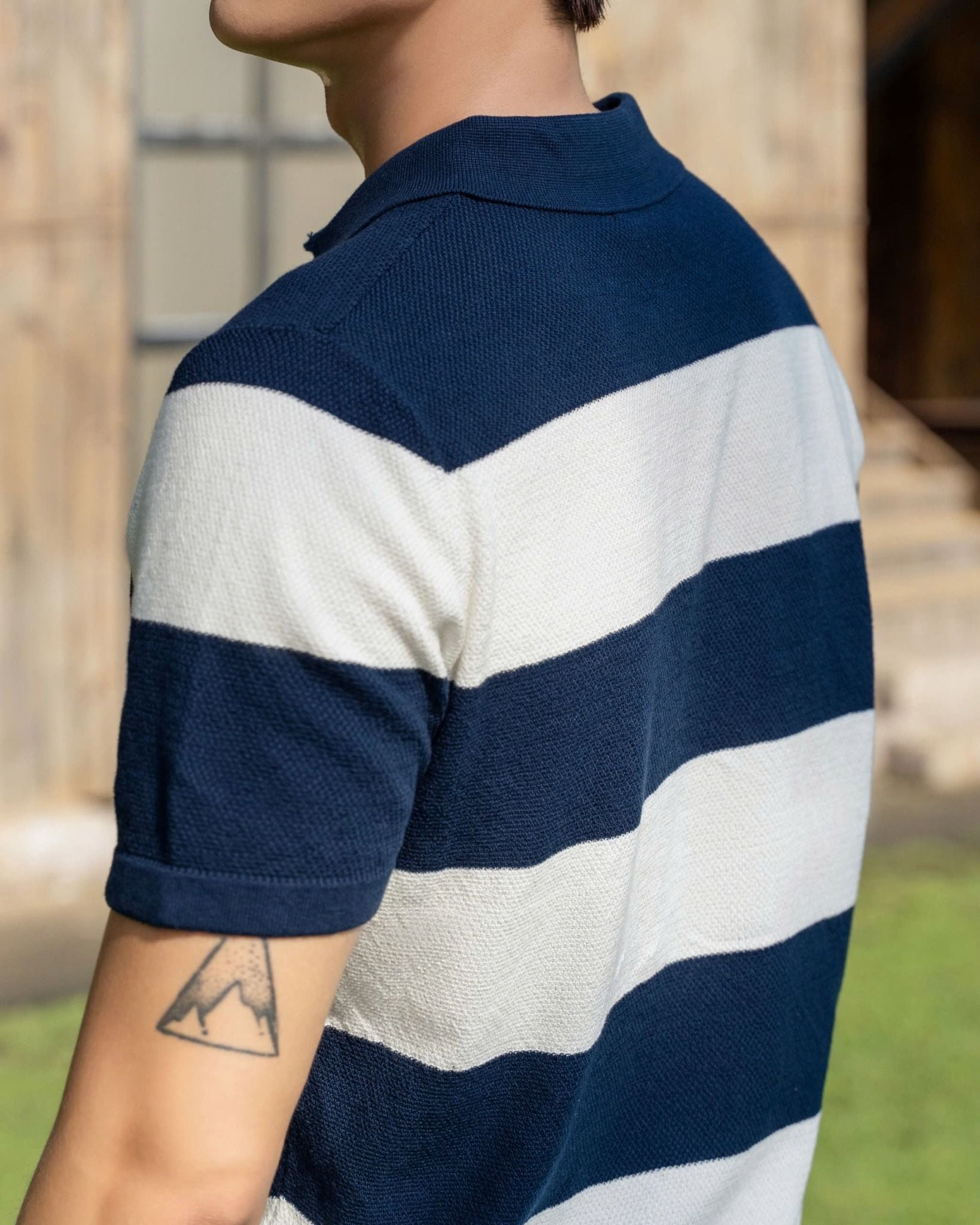 Áo Polo Dệt Kim By Cotton Thêu Ngựa Sọc Trắng - Xanh Đen