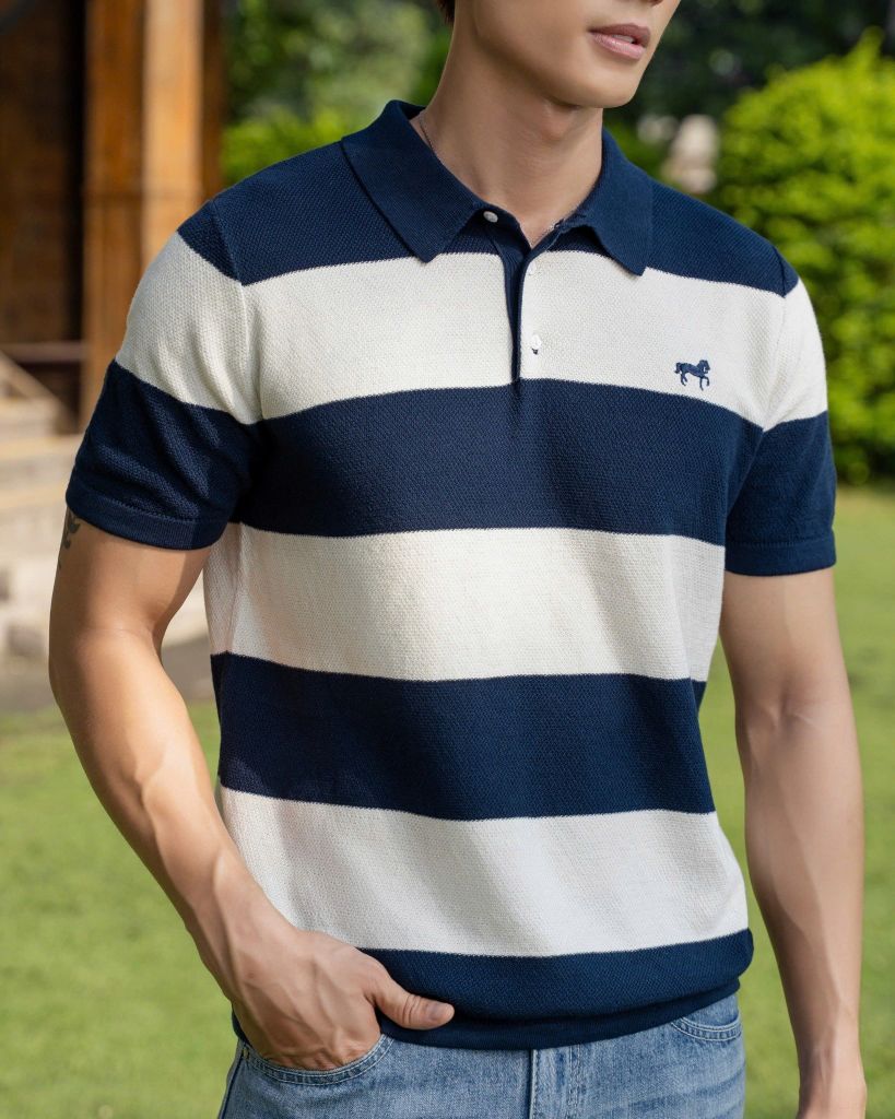 Áo Polo Dệt Kim By Cotton Thêu Ngựa Sọc Trắng - Xanh Đen