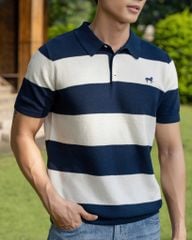 Áo Polo Dệt Kim By Cotton Thêu Ngựa Sọc Trắng - Xanh Đen