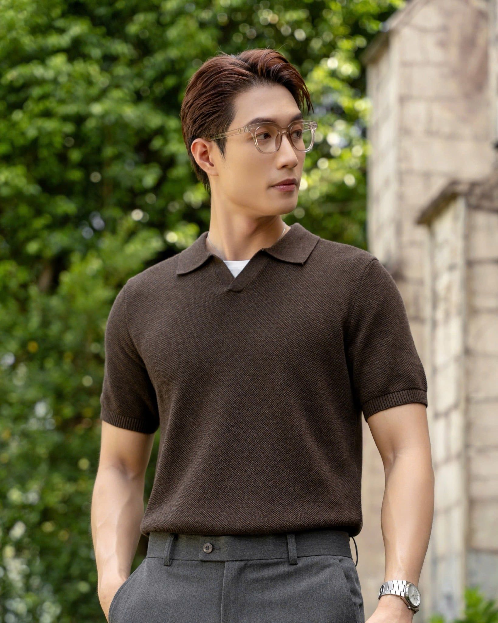 Áo Polo Dệt Kim By Cotton Melange Nâu