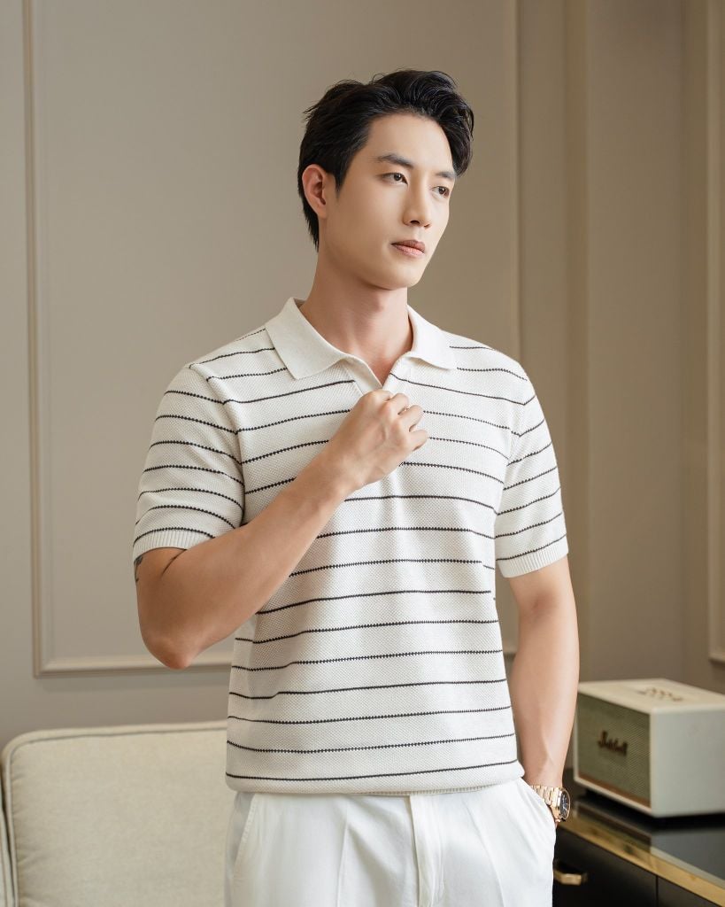 Áo Polo Dệt Kim By Cotton Melange Kem Sọc To