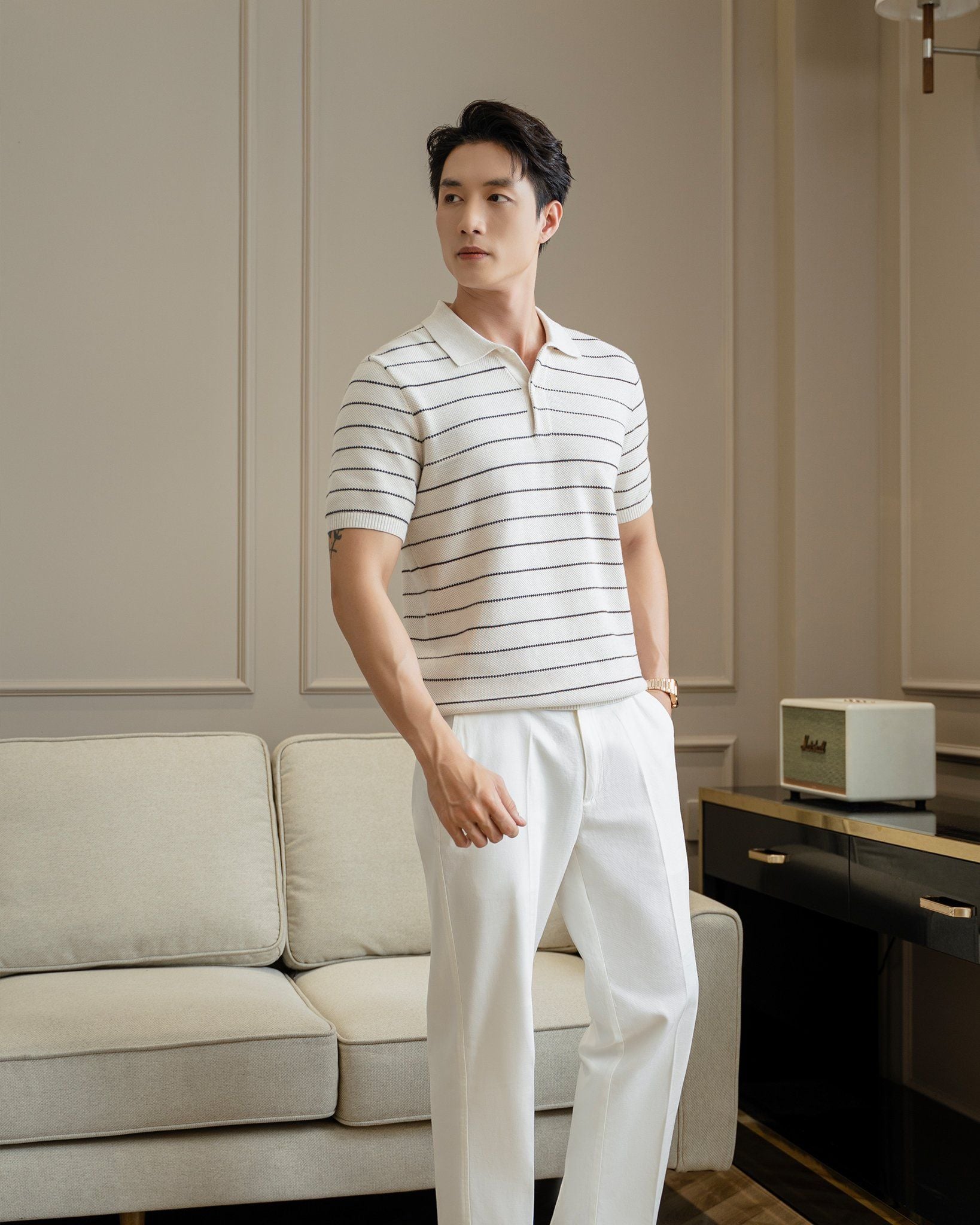 Áo Polo Dệt Kim By Cotton Melange Kem Sọc To