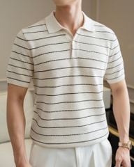 Áo Polo Dệt Kim By Cotton Melange Kem Sọc To