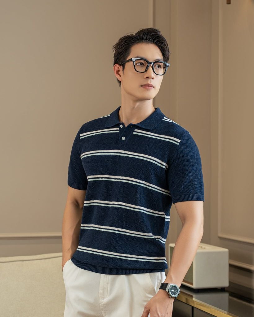 Áo Polo Dệt Kim By Cotton Melange Sọc Đôi