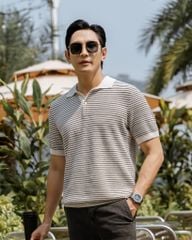 Áo Polo Dệt Kim By Cotton Melange Sọc Nhỏ Kem